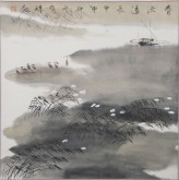张哲珠(中国美协)国画山水画 斗方《春流远长》