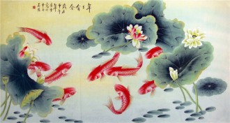 凌雪（北京美协）六尺横幅国画荷花鲤鱼《年年有余》