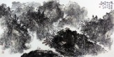 刘俊群（李小可工作室专业画家）四尺横幅水墨聚宝盆山水画《观瀑图》