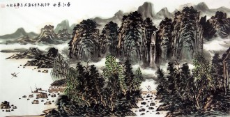 （已售）王本杰（中国美协会员）国画山水画 四尺横幅《春江晨曲》