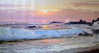 （已售）朝鲜油画 金星艺(功勋艺术家）89*165cm 布面油画 早上的海浪7