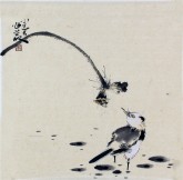 李大庆（中国美协会员）国画花鸟画 精品小尺寸，荷花雀鸟1
