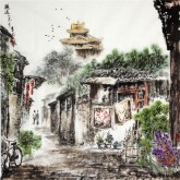 （已售）李尤（北京美协）国画山水风景画 四尺斗方《邂逅》北京胡同