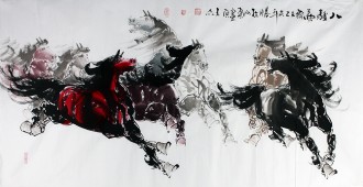 王杰（山东美协）国画动物画 四尺横幅 《八骏图》