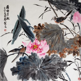 （已售）王海香（山东美协会员）四尺斗方 国画花鸟画《蒲塘清趣》
