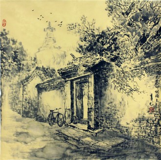 （已售）李尤（北京美协）国画山水风景画 四尺斗方《大茶叶胡同》