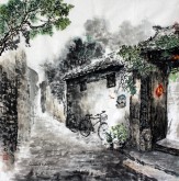 （已售）李尤（北京美协）国画山水风景画 四尺斗方《你从哪里来我的朋友》北京胡同