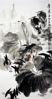 （已售）石云轩 国画写意花鸟画 三尺竖幅《清夏》荷花 白鹭7－8