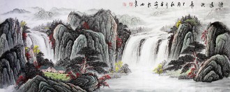 （预定）墨宇（周卡）国画聚宝盆山水画 小六尺横幅1.8米 《源远流长》