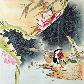 画家凌雪（中央美院）四尺斗方国画公鸡《和和美美》鸳鸯,国画工笔画