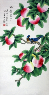 （已售）凌雪 三尺竖幅 国画花鸟画《福寿康宁》寿桃2－13